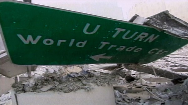 U-Turn sign in rubble